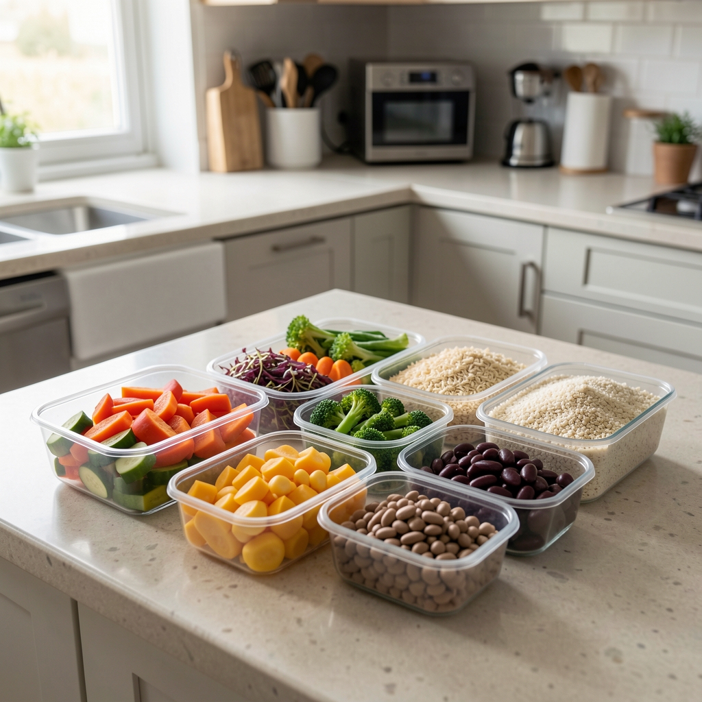 Weekly meal plan laid out on a kitchen counter with divided containers of prepped vegetables, grains, and legumes in natural morning light