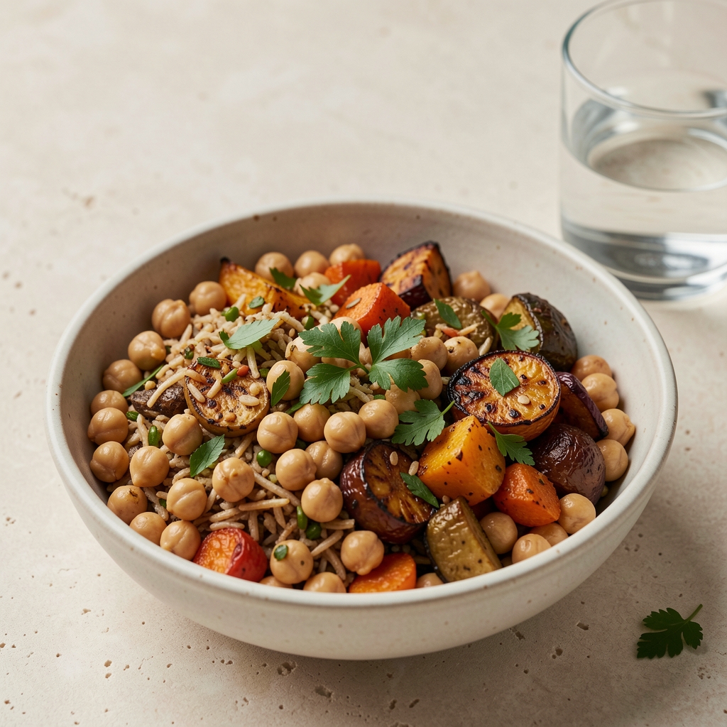 Close-up of a fibre-rich meal bowl with chickpeas, roasted vegetables, and fresh herbs on a pale stone surface with a glass of water beside it