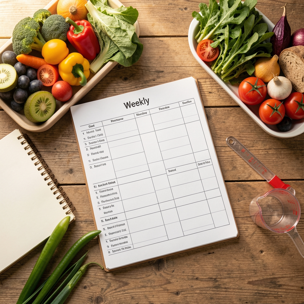 Overhead view of a neatly arranged weekly meal plan on a wooden table with colourful vegetables, a notebook, and a measuring cup in natural daylight
